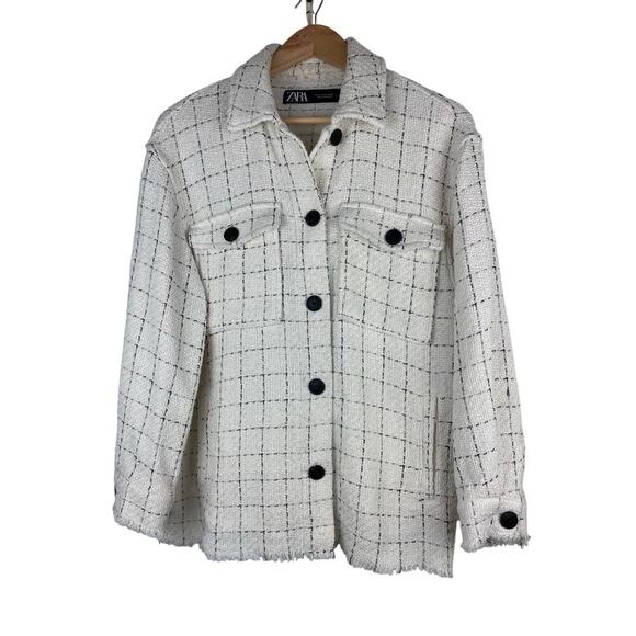 Zara Women's S Cream Black Woven Raw Hem Button Up Shacket - Picture 1 of 6